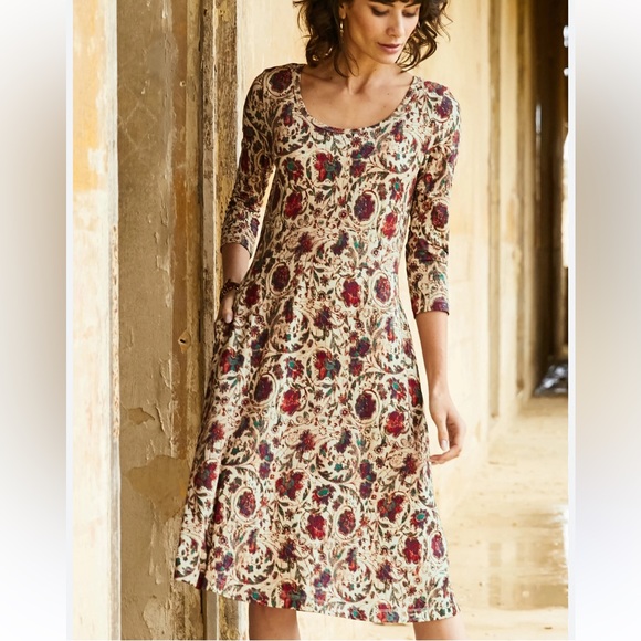 Peruvian Connection Floral “Lucine Jersey Dress” 3/4 Sleeve Pockets Midi Size L - Picture 2 of 11